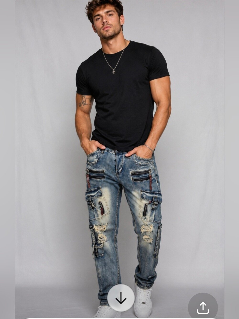 Smugglers Moon Distressed Light Blue Men's Cargo Jeans Size 36